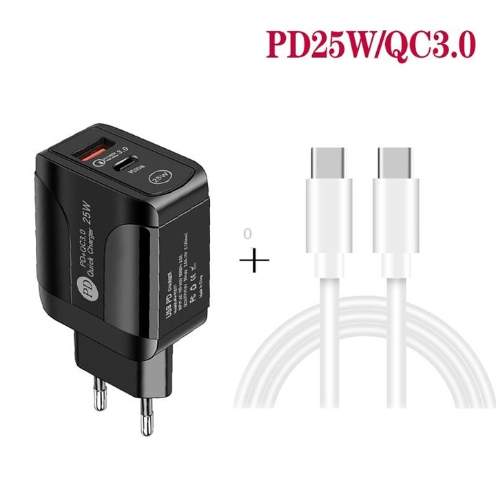 PD25W USB-C / Type-C + QC3.0 USB Dual Ports Fast Charger with USB-C to USB-C Data Cable, EU Plug(Black)
