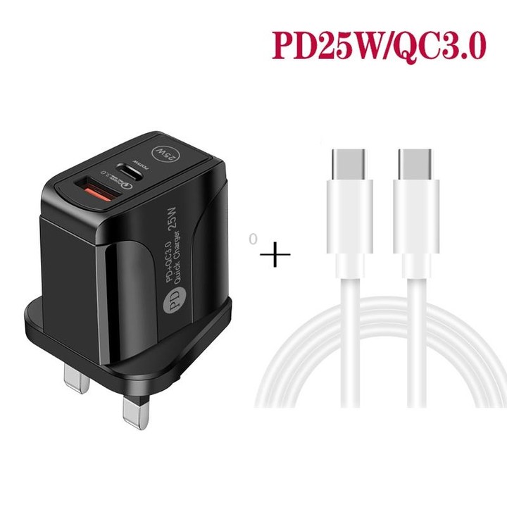 PD25W USB-C / Type-C + QC3.0 USB Dual Ports Fast Charger with USB-C to USB-C Data Cable, UK Plug(White)