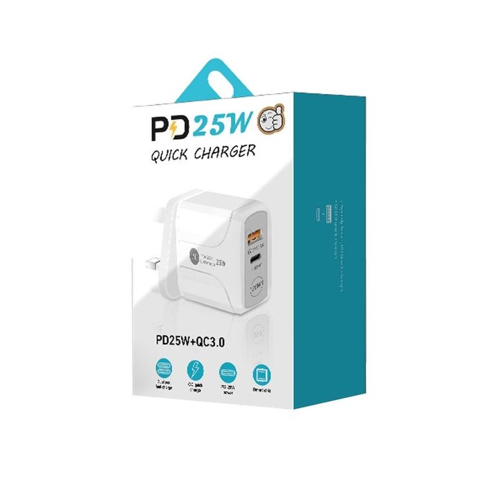 PD25W USB-C / Type-C + QC3.0 USB Dual Ports Fast Charger with USB-C to USB-C Data Cable, UK Plug(White)