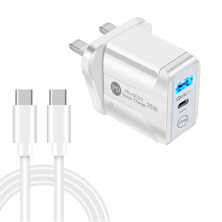PD25W USB-C / Type-C + QC3.0 USB Dual Ports Fast Charger with USB-C to USB-C Data Cable, UK Plug(White)