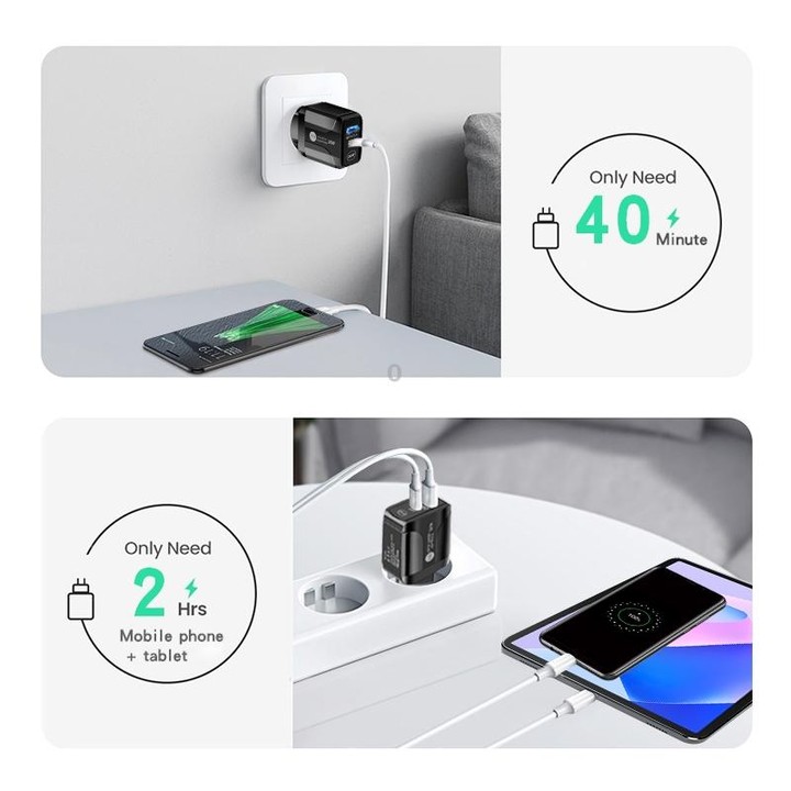 PD25W USB-C / Type-C + QC3.0 USB Dual Ports Fast Charger with USB-C to USB-C Data Cable, UK Plug(Black)