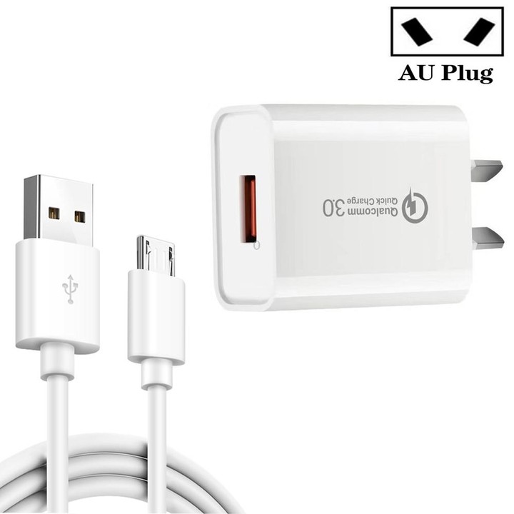 CA-25 QC3.0 USB 3A Fast Charger with USB to Micro USB Data Cable, AU Plug(White)