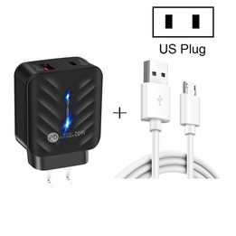 PD03 20W PD3.0 + QC3.0 USB Charger with USB to Micro USB Data Cable, US Plug(Black)