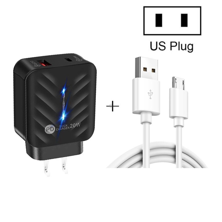 PD03 20W PD3.0 + QC3.0 USB Charger with USB to Micro USB Data Cable, US Plug(Black)