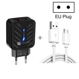 PD03 20W PD3.0 + QC3.0 USB Charger with USB to Micro USB Data Cable, EU Plug(Black)