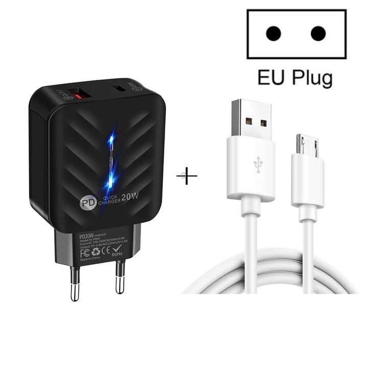 PD03 20W PD3.0 + QC3.0 USB Charger with USB to Micro USB Data Cable, EU Plug(White)