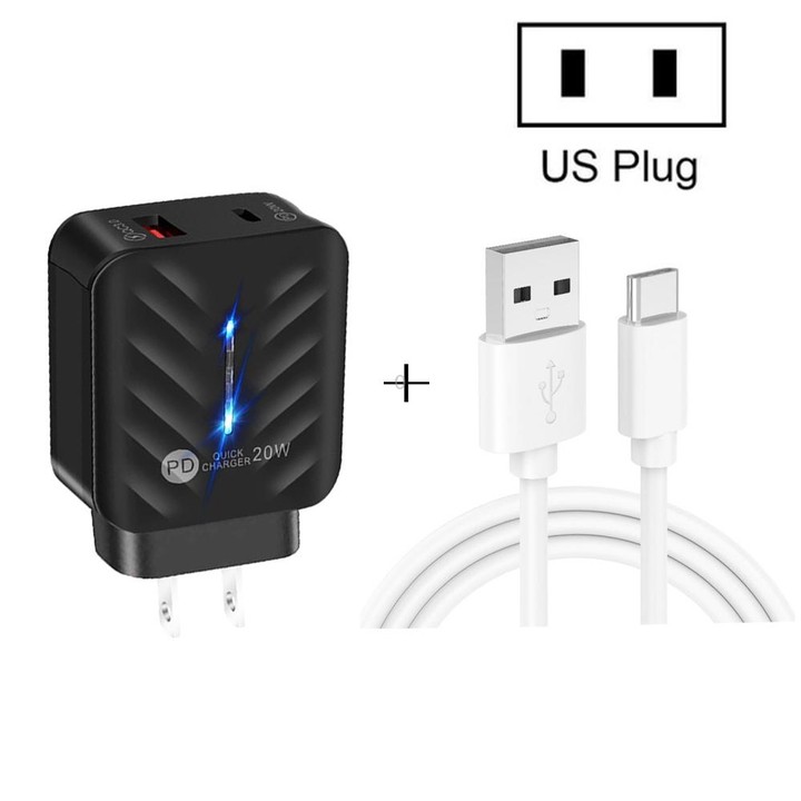 PD03 20W PD3.0 + QC3.0 USB Charger with USB to Type-C Data Cable, US Plug(White)