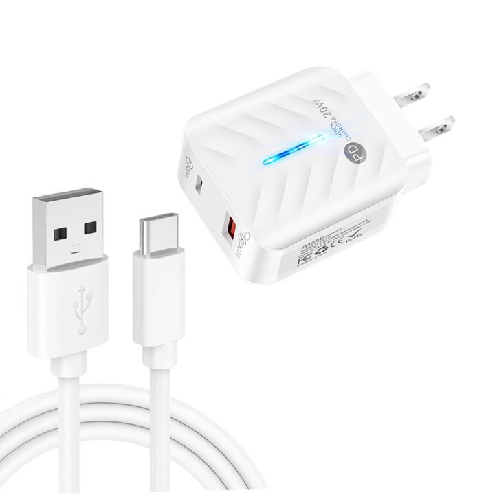 PD03 20W PD3.0 + QC3.0 USB Charger with USB to Type-C Data Cable, US Plug(White)