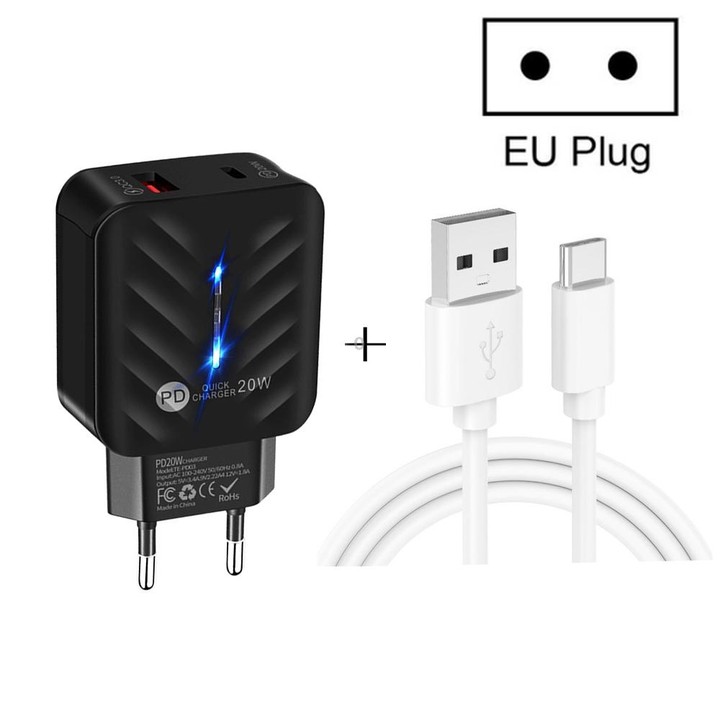 PD03 20W PD3.0 + QC3.0 USB Charger with USB to Type-C Data Cable, EU Plug(Black)