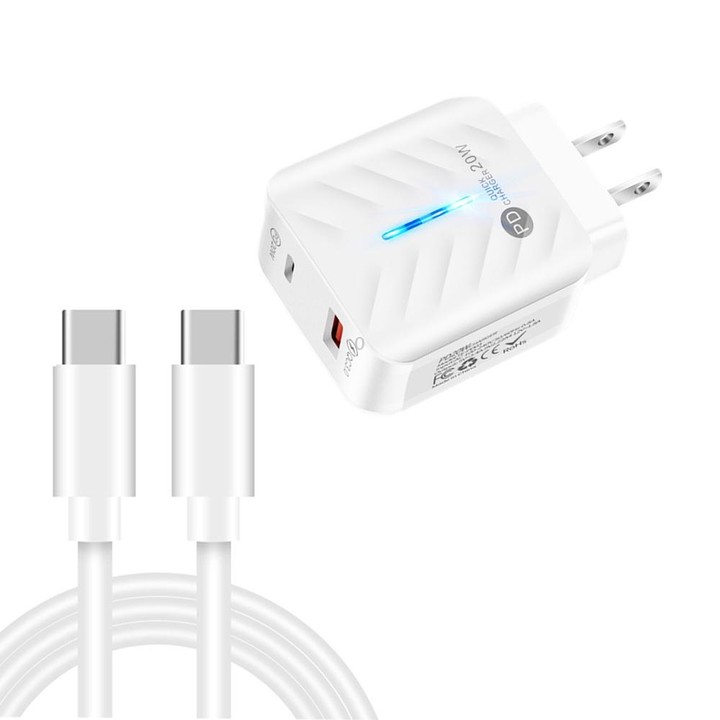 PD03 20W PD3.0 + QC3.0 USB Charger with Type-C to Type-C Data Cable, US Plug(White)