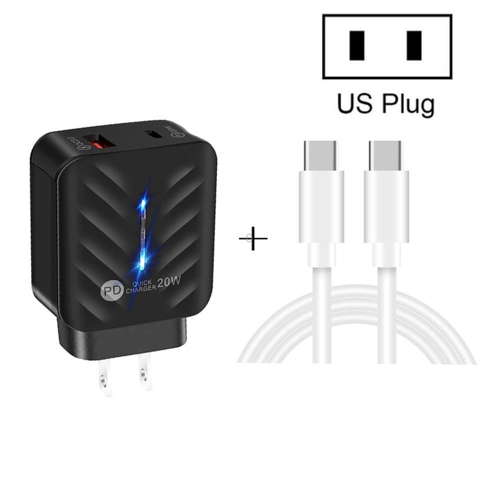 PD03 20W PD3.0 + QC3.0 USB Charger with Type-C to Type-C Data Cable, US Plug(White)