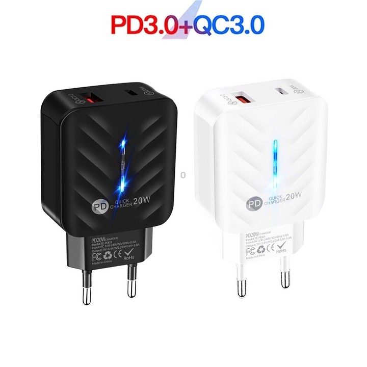 PD03 20W PD3.0 + QC3.0 USB Charger with Type-C to Type-C Data Cable, EU Plug(Black)