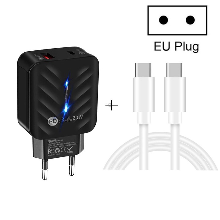 PD03 20W PD3.0 + QC3.0 USB Charger with Type-C to Type-C Data Cable, EU Plug(Black)