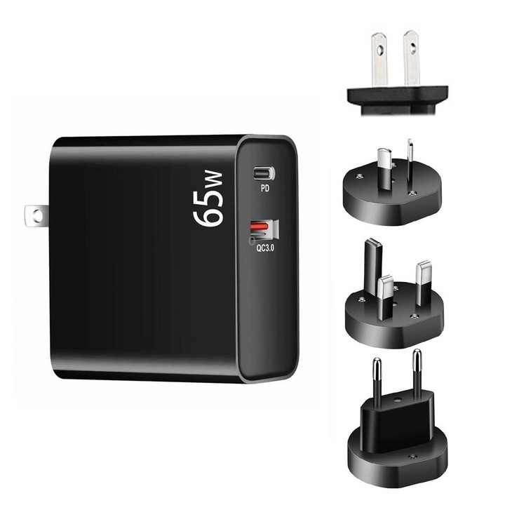 PD-65W USB-C / Type-C + QC3. 0 USB Laptop Charging Adapter, AU Plug / US Plug / EU Plug / UK Plug(Black)