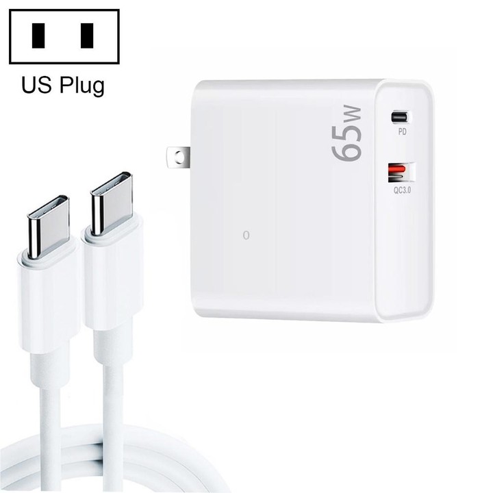 PD-65W USB-C / Type-C + QC3. 0 USB Laptop Charging Adapter + 2m USB-C / Type-C to USB-C / Type-C Data Cable Set, US Plug(White)