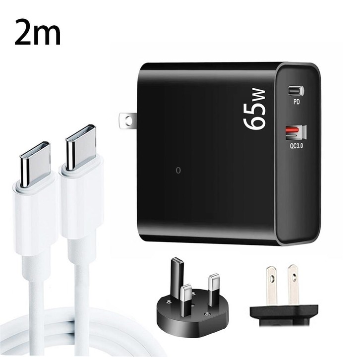 PD-65W USB-C / Type-C + QC3. 0 USB Laptop Charging Adapter + 2m USB-C / Type-C to USB-C / Type-C Data Cable Set, UK Plug / US Pl