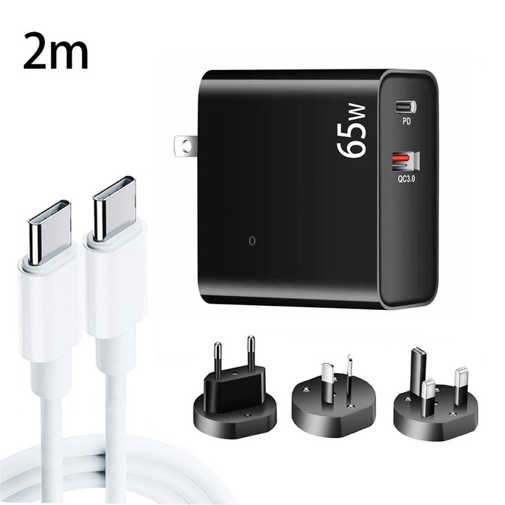 PD-65W USB-C / Type-C + QC3. 0 USB Laptop Charging Adapter + 2m USB-C / Type-C to USB-C / Type-C Data Cable Set, EU Plug / AU Pl
