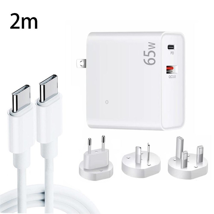 PD-65W USB-C / Type-C + QC3. 0 USB Laptop Charging Adapter + 2m USB-C / Type-C to USB-C / Type-C Data Cable Set, EU Plug / AU Pl