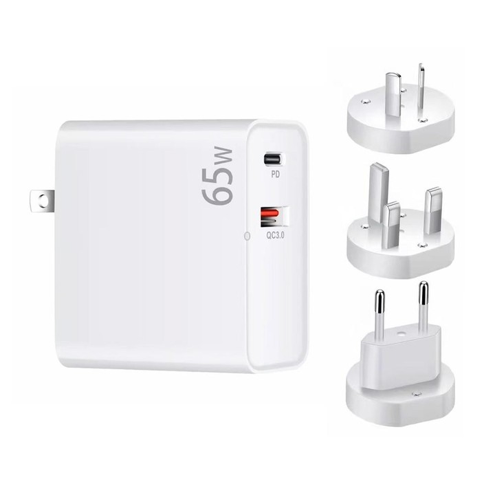 PD-65W USB-C / Type-C + QC3. 0 USB Laptop Charging Adapter + 2m USB-C / Type-C to USB-C / Type-C Data Cable Set, EU Plug / AU Pl