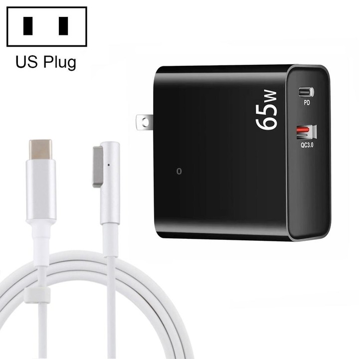 PD-65W USB-C / Type-C + QC3. 0 USB Laptop Charging Adapter + 1.8m USB-C / Type-C to MagSafe 1 / L Head Data Cable, US Plug(Black