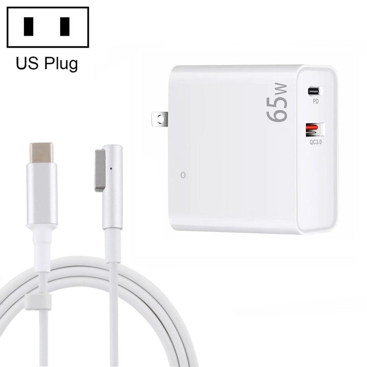 PD-65W USB-C / Type-C + QC3. 0 USB Laptop Charging Adapter + 1.8m USB-C / Type-C to MagSafe 1 / L Head Data Cable, US Plug(White