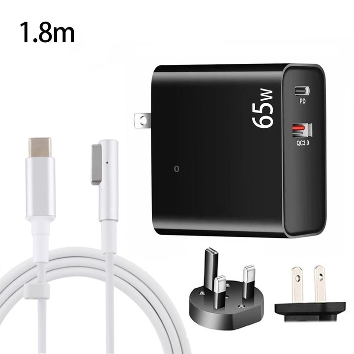 PD-65W USB-C / Type-C + QC3. 0 USB Laptop Charging Adapter + 1.8m USB-C / Type-C to MagSafe 1 / L Head Data Cable, UK Plug / US