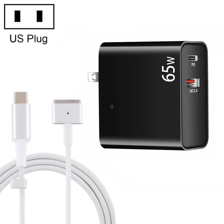 PD-65W USB-C / Type-C + QC3. 0 USB Laptop Charging Adapter + 1.8m USB-C / Type-C to MagSafe 2 / T Head Data Cable, US Plug(Black