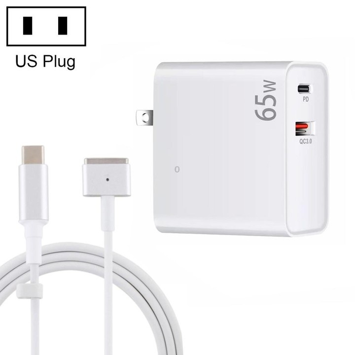 PD-65W USB-C / Type-C + QC3. 0 USB Laptop Charging Adapter + 1.8m USB-C / Type-C to MagSafe 2 / T Head Data Cable, US Plug(White