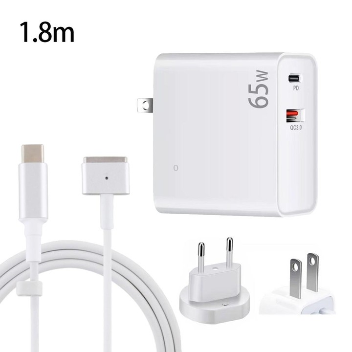 PD-65W USB-C / Type-C + QC3. 0 USB Laptop Charging Adapter + 1.8m USB-C / Type-C to MagSafe 2 / T Head Data Cable, EU Plug / US