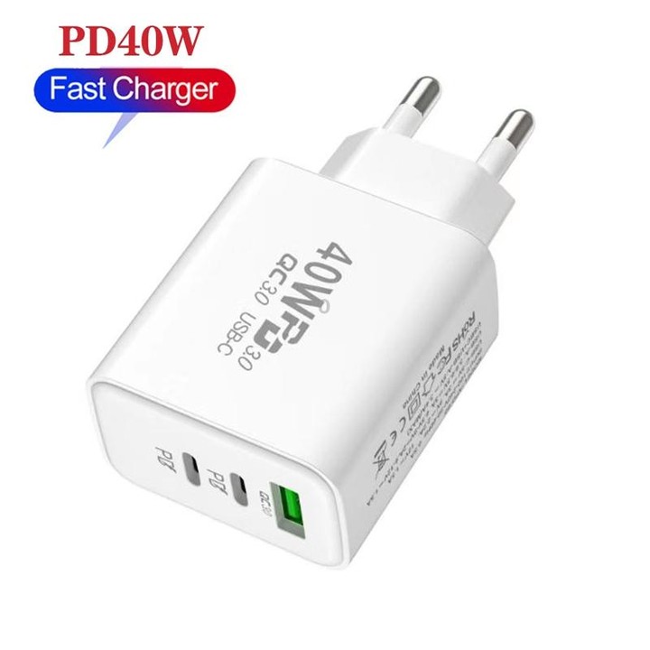 40W Dual PD + QC3.0 Ports Travel Charger for Mobile Phone Tablet(White EU Plug)