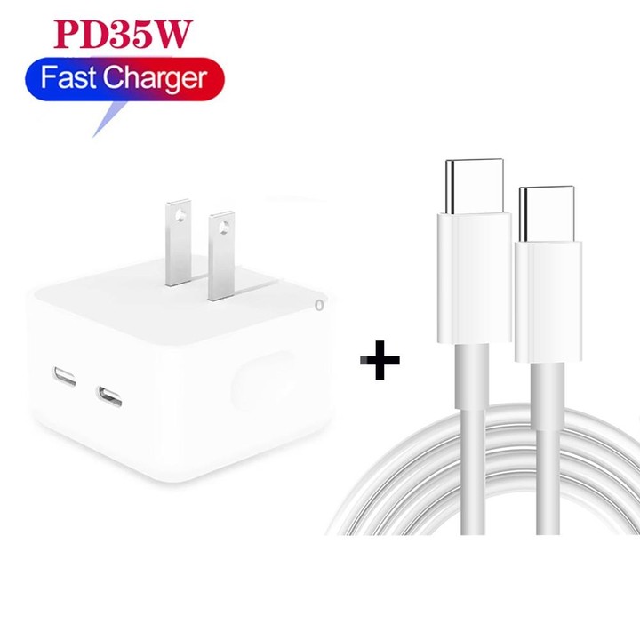 PD 35W Dual USB-C / Type-C Ports Charger with 2m Type-C to Type-C Data Cable, US Plug