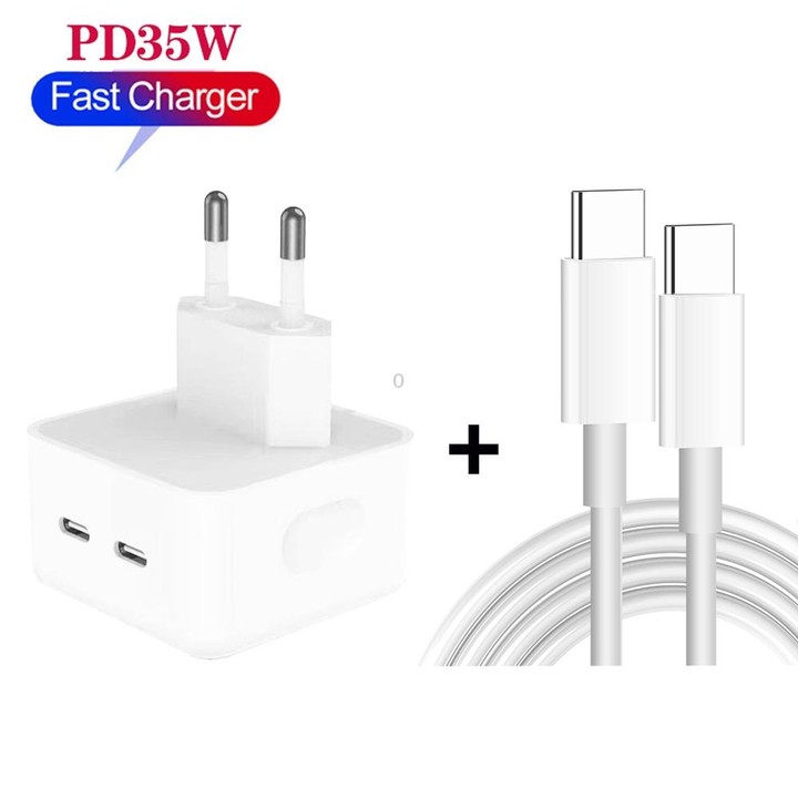 PD 35W Dual USB-C / Type-C Ports Charger with 2m Type-C to Type-C Data Cable, EU Plug