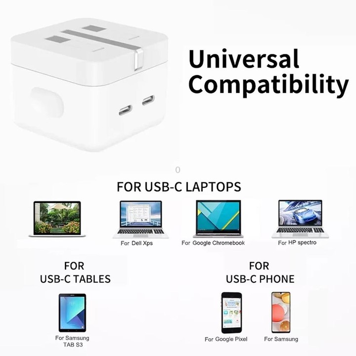 PD 35W Dual USB-C / Type-C Ports Charger with 1m Type-C to Type-C Data Cable, UK Plug