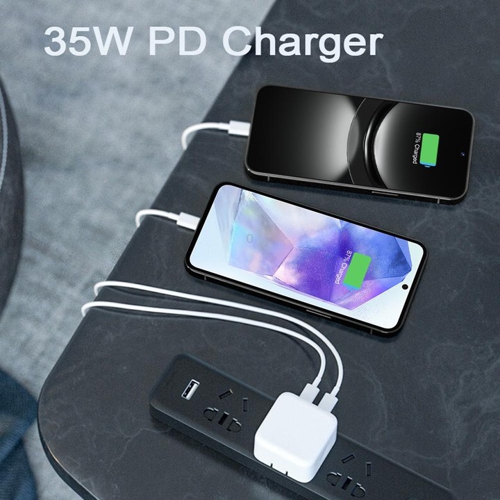 PD 35W Dual USB-C / Type-C Ports Charger with 2m Type-C to Type-C Data Cable, UK Plug