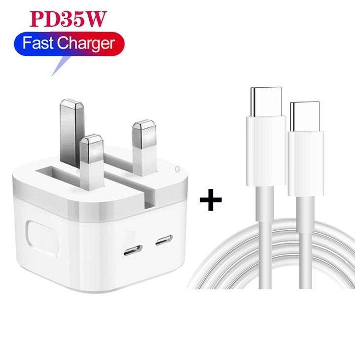 PD 35W Dual USB-C / Type-C Ports Charger with 2m Type-C to Type-C Data Cable, UK Plug