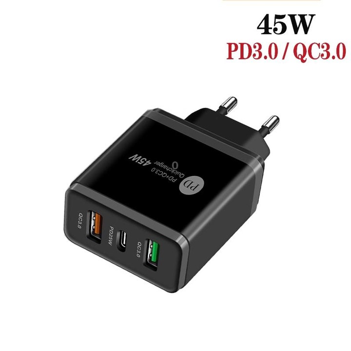 45W PD3.0 + 2 x QC3.0 USB Multi Port Charger with Type-C to Type-C Cable, EU Plug(Black)