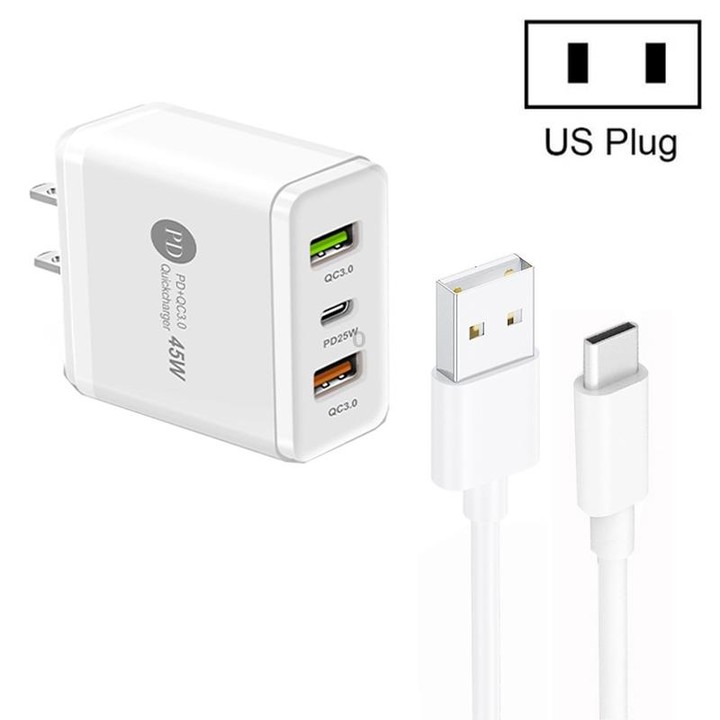 45W PD25W + 2 x QC3.0 USB Multi Port Charger with USB to Type-C Cable, US Plug(White)