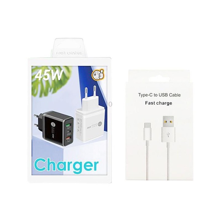 45W PD25W + 2 x QC3.0 USB Multi Port Charger with USB to Type-C Cable, EU Plug(Black)