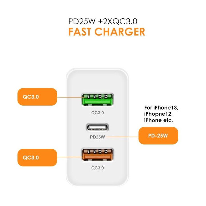 45W PD25W + 2 x QC3.0 USB Multi Port Charger with USB to Type-C Cable, UK Plug(White)