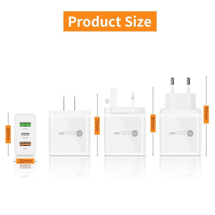 45W PD25W + 2 x QC3.0 USB Multi Port Charger with USB to Type-C Cable, UK Plug(White)