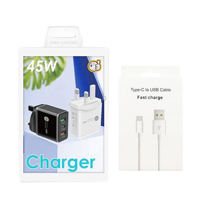 45W PD25W + 2 x QC3.0 USB Multi Port Charger with USB to Type-C Cable, UK Plug(White)