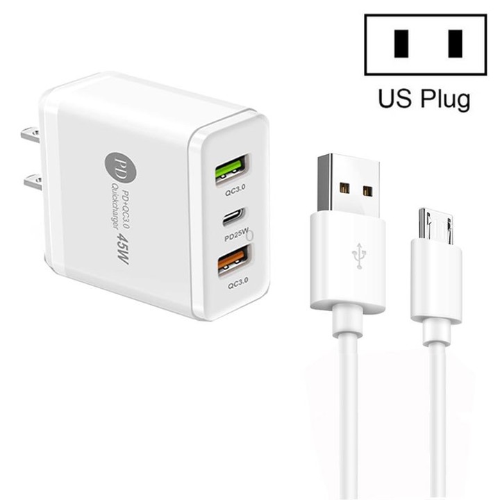 45W PD25W + 2 x QC3.0 USB Multi Port Charger with USB to Micro USB Cable, US Plug(White)