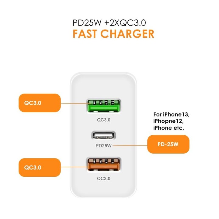 45W PD25W + 2 x QC3.0 USB Multi Port Charger with USB to Micro USB Cable, US Plug(White)