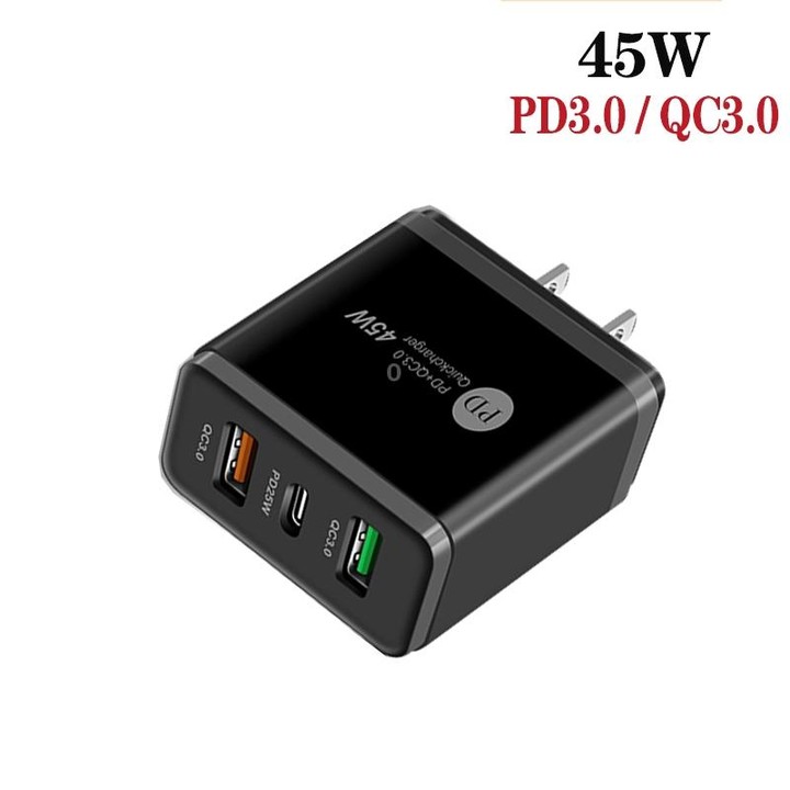 45W PD25W + 2 x QC3.0 USB Multi Port Charger with USB to Micro USB Cable, US Plug(Black)