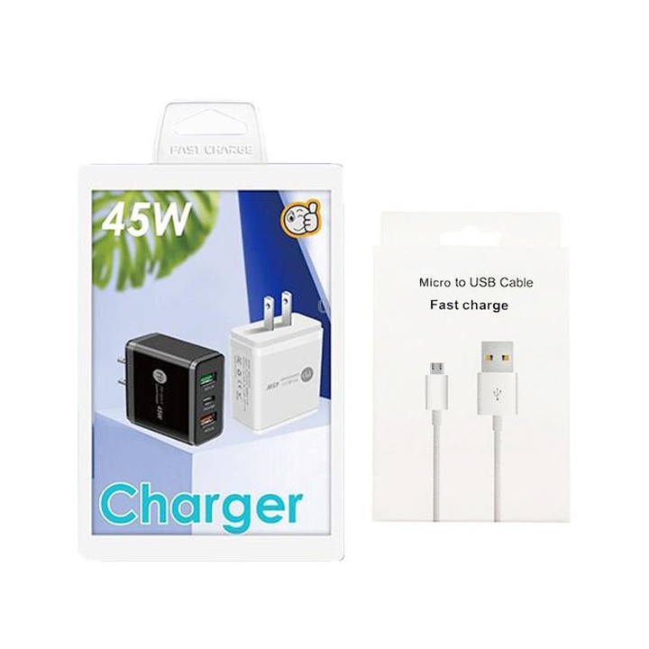 45W PD25W + 2 x QC3.0 USB Multi Port Charger with USB to Micro USB Cable, US Plug(Black)