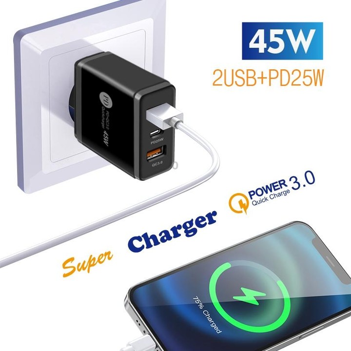 45W PD25W + 2 x QC3.0 USB Multi Port Charger with USB to Micro USB Cable, US Plug(Black)