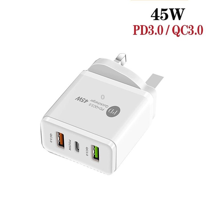 45W PD25W + 2 x QC3.0 USB Multi Port Charger with USB to Micro USB Cable, UK Plug(White)