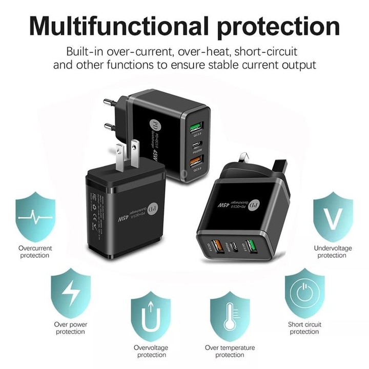 45W PD25W + 2 x QC3.0 USB Multi Port Charger with USB to Micro USB Cable, UK Plug(White)