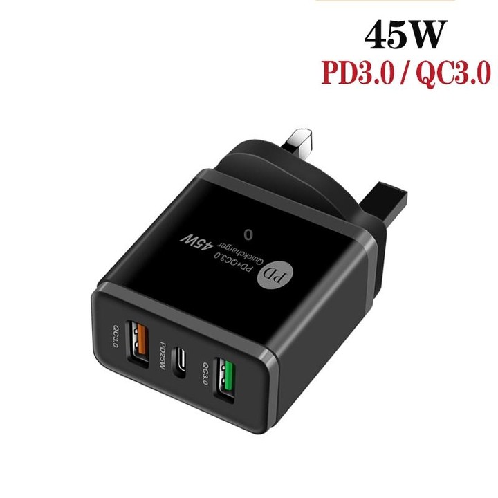 45W PD25W + 2 x QC3.0 USB Multi Port Charger with USB to Micro USB Cable, UK Plug(Black)