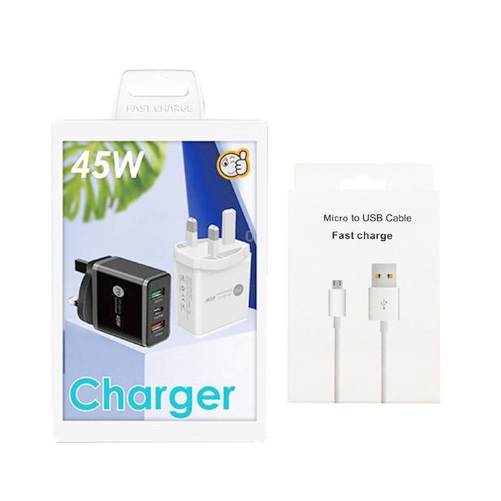 45W PD25W + 2 x QC3.0 USB Multi Port Charger with USB to Micro USB Cable, UK Plug(Black)